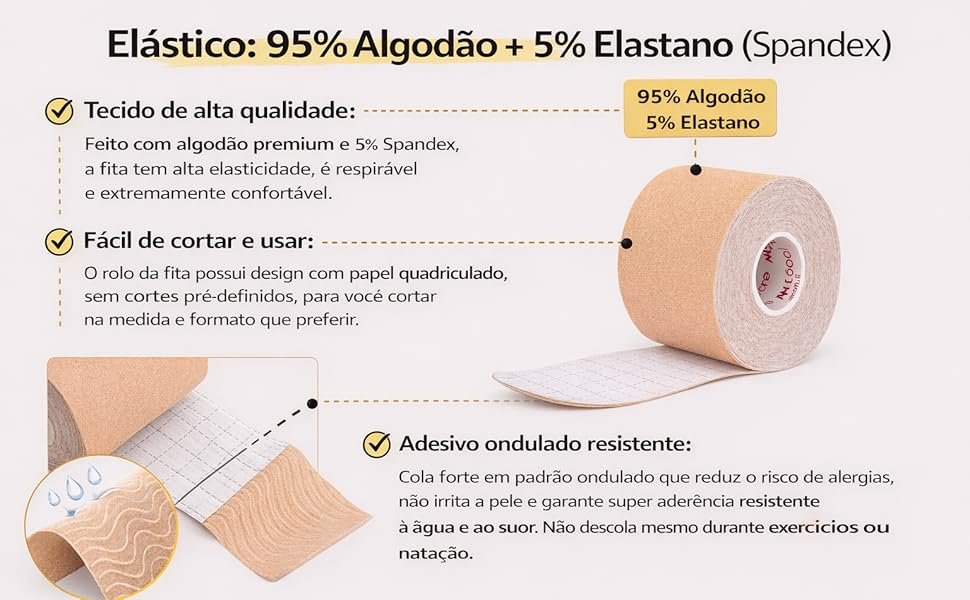 Composição da Fita Mágica — 95% algodão e 5% elastano, elástica e respirável